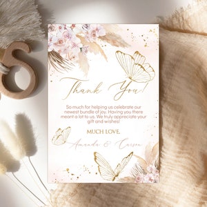 Bewerkbare bedankkaart. Vlinder babyshower. Boho Blush Mauve roze gouden vlinder. Een kleine vlinder. Pampagras. Aquarel bloemen.