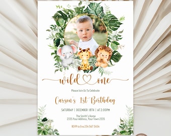 Editable Safari Birthday Invitation. Wild One Birthday Evite with Photo. Safari 1st Birthday Electronic Invite. Jungle Birthday. 1st First.