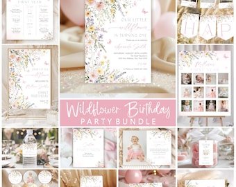 Editable Wildflower 1st Birthday Bundle. Our Little Wildflower Birthday Party Kit. Floral Butterfly Meadow. Girls Birthday Flower Invite.