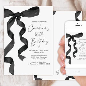 Editable Black Bow Birthday Invitation. Pastel Black Bow Elegant 30th Birthday Invite. Watercolor Black Ribbon. Coquette Invite. Any Age.