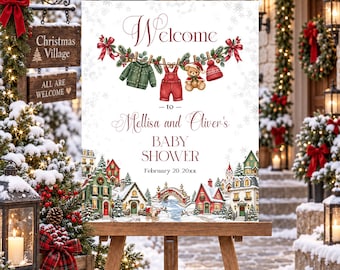 Editable Winter Village Baby Shower Welcome Sign, Cozy Watercolor Holiday Party Sign (Digital), Christmas Baby Shower
