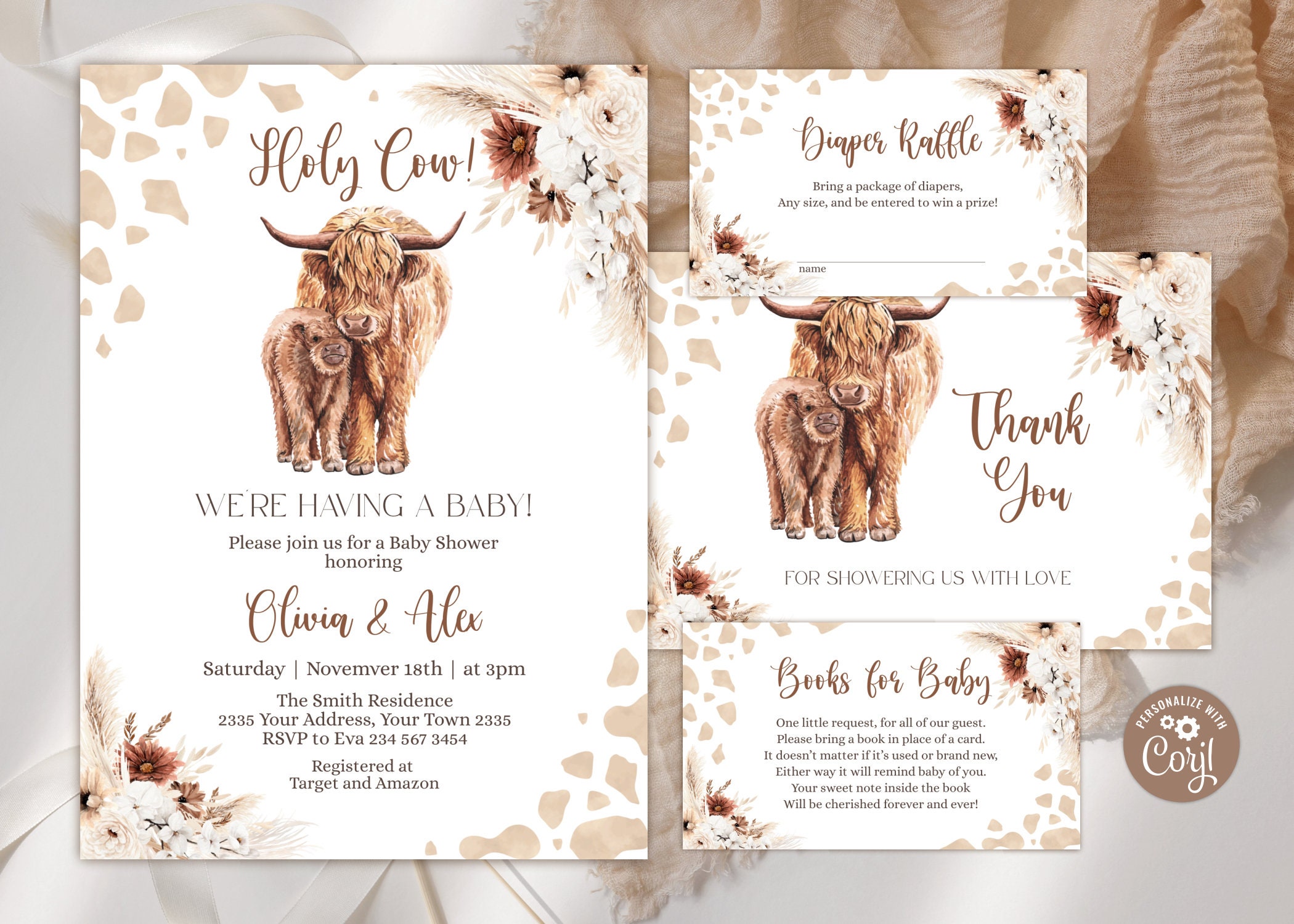Ensemble d'invitations modifiable pour baby shower vache des Highlands Boho. Faire-part de baby shower de vache sacrée. Baby shower bohème moderne. Aquarelle florale d'herbe de la pampa.