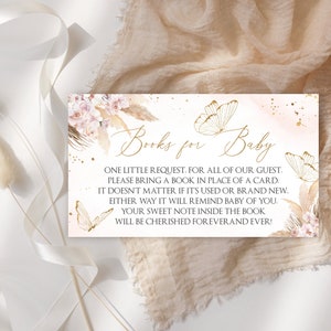 Bewerkbare Boho Blush Mauve roze gouden vlinder baby shower boeken voor baby. Babyboekkaart. Neem een boekenkaart mee. Boekaanvraagkaart. Waterverf.