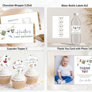 May include: A set of printable party decorations for a first birthday party with a fishing theme. The set includes a chocolate wrapper, water bottle labels, cupcake toppers, and a thank you card with a photo. The decorations feature a blue, green, and brown color scheme with illustrations of fishing gear, fish, and a boat.