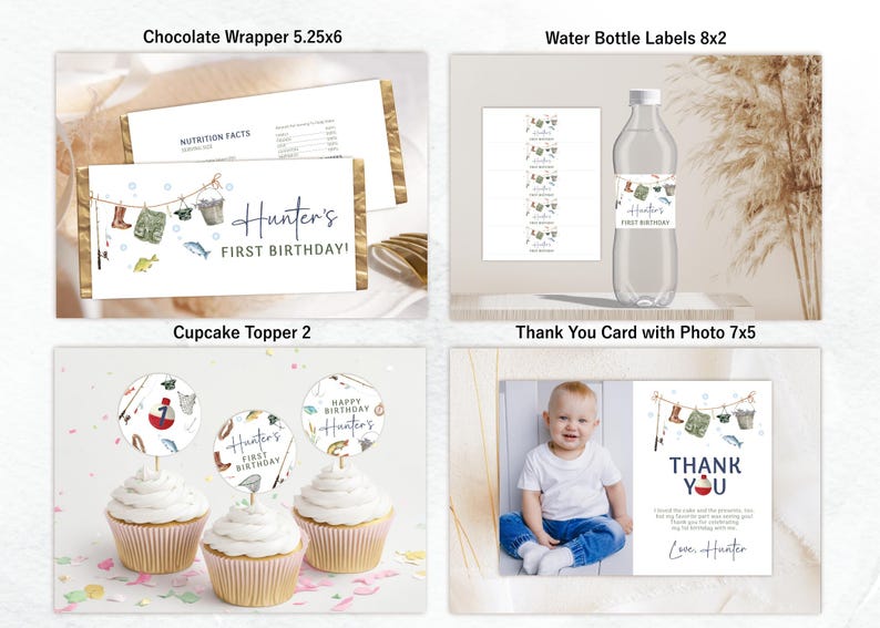May include: A set of printable party decorations for a first birthday party with a fishing theme. The set includes a chocolate wrapper, water bottle labels, cupcake toppers, and a thank you card with a photo. The decorations feature a blue, green, and brown color scheme with illustrations of fishing gear, fish, and a boat.