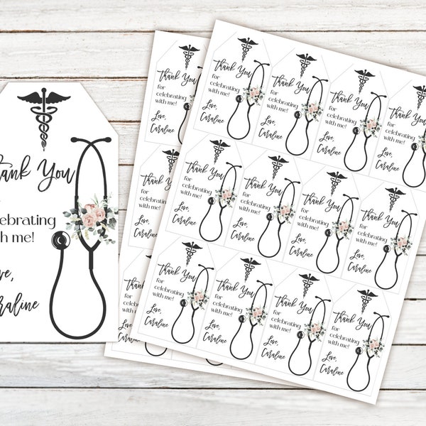 Editable Nursing Graduation Thank You Tags. Registered Nurse Graduation Favor Tag. Nursing School Graduation Party Favors. Black & White.