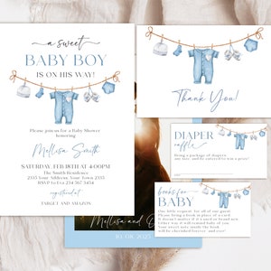 Editable Boy Baby Shower Invitation Set. A Sweet Baby Boy Is On His Way Baby Shower Invite. Blue Boho Children&#39;s Clothing Outdoors Invite.