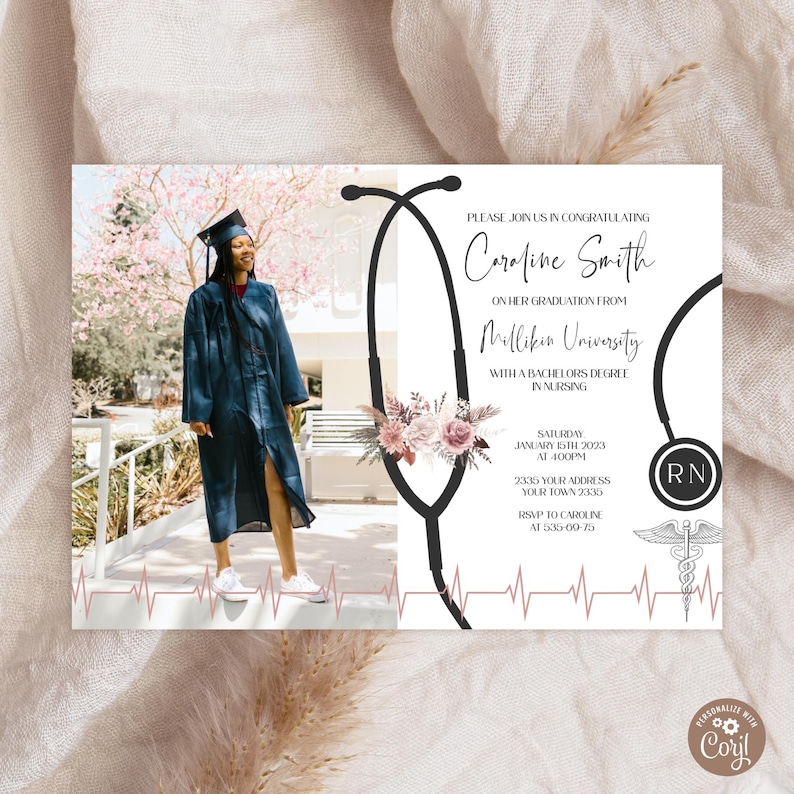 Nursing Graduation Invitation, Boho Floral Photo Invite (Editable) image 1
