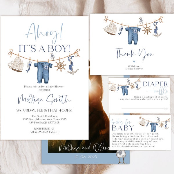 Editable Ahoy It's a Boy Baby Shower Invitation Set. Nautical Baby Shower Invite. Anchor Navy Blue Watercolor Outdoors Boy Clothes.