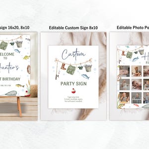 May include: Three printable signs for a first birthday party with a fishing theme. The welcome sign says "Welcome to Hunter's First Birthday". The custom sign says "Custom Party Sign". The photo poster says "Hunter's First Year" and has 12 photo spaces.