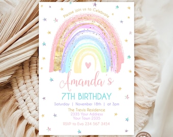 Bewerkbare regenboogverjaardagsuitnodiging, kleurrijke aquarel boho-feestuitnodiging