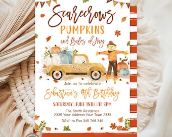 Editable Fall Birthday Invitation, Rustic Scarecrow and Pumpkin Truck Invite