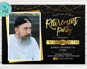 Editable Retirement Party Invitation with Photo. Retirement Party Invitation. Adult Mens Womans. Elegant. Black Gold. Gold Glitter Bokeh.