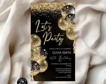 Black & Gold Birthday Invitation: Mobile Text Evite (Digital). Black Gold Balloons. Surprise Birthday Party.