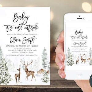 Editable Baby It&#39;s Cold Outside Baby Shower Invitation. Rustic Pine Tree Invite. Winter Greenery Baby Shower Invite. Winter Wonderland.
