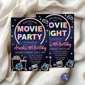 Invitación de cumpleaños editable para noche de cine: Fiesta para niñas, cualquier edad (Artículo digital). Fiesta de cine.