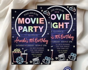 Editable Movie Night Birthday Invitation: Girl Party, Any Age (Digital Item). Movie Party.