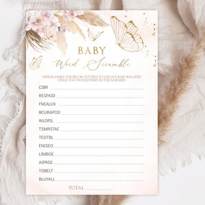 Vlinderbaby Woordspel. Vlinder Word Scramble-kaarten. Babyshower spelletjes. Boho mauve roze gouden vlinder. Een kleine vlinder.