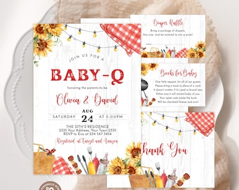 Editable Red Baby-Q Shower Invitation Set. BabyQ Baby Shower Invitation. Sunflower Baby Shower. Backyard Baby Shower. Gender Neutral BaBy-Q.