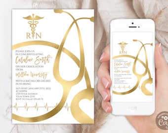 Bearbeitbare RN-Abschluss-Einladung, Gold-Stethoskop-Design (digital)