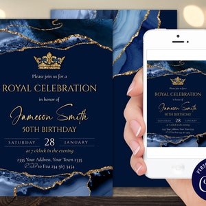 Convite editável para festa de aniversário real. Convite para celebração real. Celebração real do rei príncipe. Glamour dourado com glitter. Convite azul e dourado.
