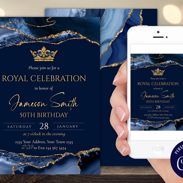 Editable Royal Birthday Party Invitation. Royal Celebration Invite. King Prince Royal Celebration. Gold Glitter Glam. Blue and Gold Invite.