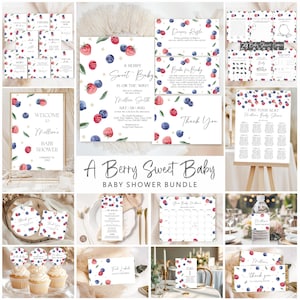 May include: A collection of baby shower stationery featuring a berry theme. The designs include invitations, thank you cards, and table settings. The text "A Berry Sweet Baby" is prominently displayed, along with watercolor illustrations of raspberries and blueberries.