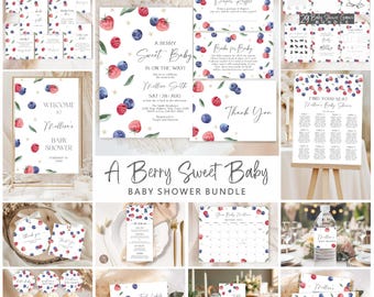 Editable Berry Sweet Baby Shower Bundle, Strawberry Blueberry Theme (Digital Download), Games, Signs Set
