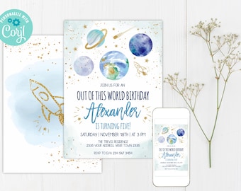 Editable Outer Space Birthday Invitation, Planets & Stars (Digital)
