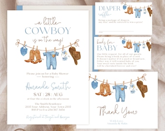 Editable Cowboy Baby Shower Invitation Set, Wild West Western Boy Blue Clothes Outdoors Rodeo
