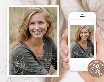 Editable Nursing Graduation Invitation With Photo. Modern Graduation Invite. RN Graduation. Photo Graduation Party Invite. Nursing School.