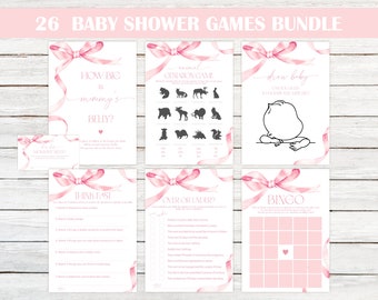 Könnte beinhalten: Ein Set aus 26 Babyparty-Spielen mit rosa Aquarell-Schleifen auf weißen Karten. Das Set enthält Aktivitätsblätter mit den Titeln How Big is Mommy's Belly, Animal Gestation Game, Draw Baby, Think Fast, Over or Under und Bingo.