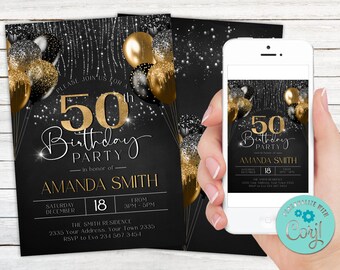 Black & Gold 50th Birthday Invitation, Glitter Balloons (Digital Item)