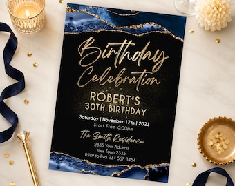 Editable Blue Agate Birthday Invitation, 30th Birthday Party Template (Digital), Black Gold Glitter Sparkle