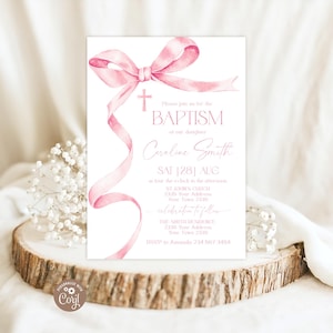 Editable Pink Bow Baptism Invitation. Watercolor Ribbon Blush Dusty Pink Bow Baptism Evite.