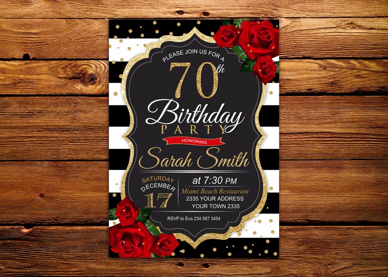 70th Birthday Party Invitation. Red Roses and Gold 70th | Etsy