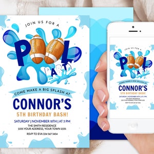 Editable Pool Football Birthday Invitation. Pool Birthday Invitation. Football Birthday Invitation. Boy Sports Summer Birthday. Any age.