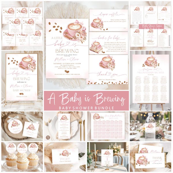Editable Coffee Baby Shower Bundle. A Baby is Brewing, Blush Pink Bow Latte Theme
