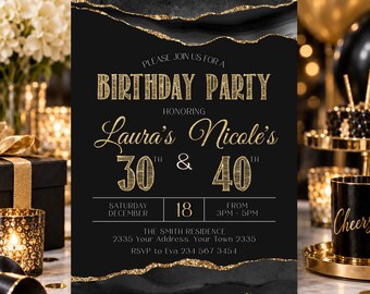 Editable Joint Birthday Invitation, Black and Gold Milestone Party (Digital), Combined Party Co-Birthday
