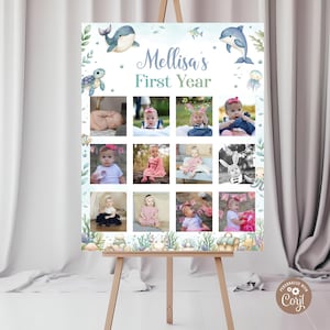 Editable Oneder the Sea Birthday Photo Poster. 12 Months Photo Collage With Sea Animals. Ocean Animals 1st Birthday Photo Sign. Photo Sign.