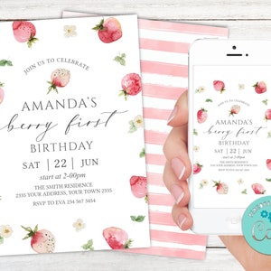 Editable Strawberry Birthday Invitation. First Birthday Invitation. Strawberry Birthday Invitation. First Birthday Party. Berry Sweet Party.