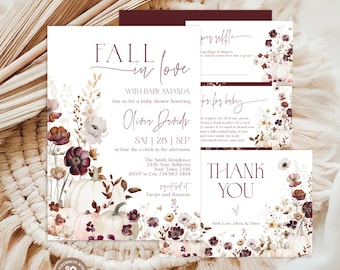 Editable Fall Pumpkin Baby Shower Invitation, Boho Floral Autumn Baby Invite Template