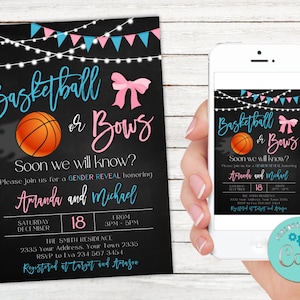Editable Basketball or Bows Gender Reveal Invitation. Girl or Boy Invitation. Coed Couples Shower. Free Throws or Pink Bows. Gender Reveal.