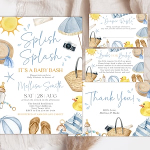 Editable Splish Splash Baby Shower Invitation Set. Blue Beach Summer Boy Baby Shower Invite. Tropical Summer Boy Blue Pool Surf Beach Bundle