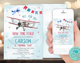 Editable Airplane Birthday Invitation: Vintage Pilot Party (Digital Item)