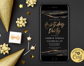 Editable Gold Glitter Birthday Party Digital Invitations. Black and ...