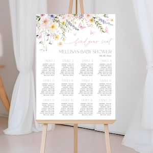 Editable Baby in Bloom Baby Shower Seating Chart. Wild Flower Baby Shower Table Poster. Pink, Blue Flowers Seating Plan. Pink Butterflies.