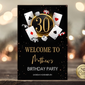 Letrero de bienvenida editable para cumpleaños de casino. Cumpleaños de póquer. Letrero de bienvenida para cumpleaños de adultos. Letrero de bienvenida para una noche de casino. Cartas de juego de ases.