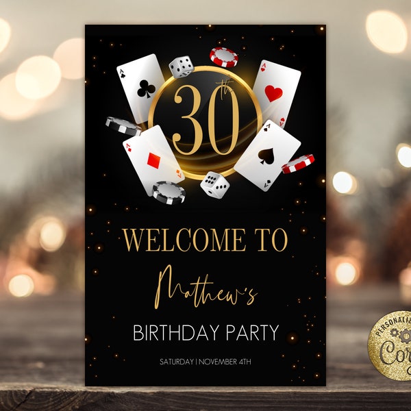 Panneau de bienvenue d’anniversaire de casino modifiable. Anniversaire de poker. Signe de bienvenue d’anniversaire adulte. Panneau de bienvenue de la soirée casino. Cartes de jeu d'as.