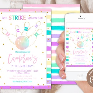 Editable Bowling Girl Birthday Party Invitation. Girls Party Invite. Let's Strike Up Some Fun. Pink Bowling Party. Cute Pastel Rainbow.